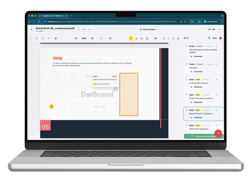 draftgo Asset-Review: Kommentare und Markierungen direkt am Dokument